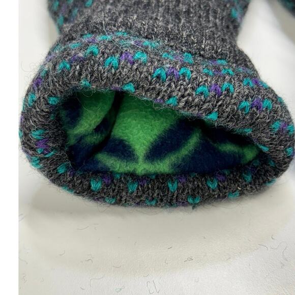 Fleece lined wool mittens, gray/ aquamarine blue combination winter mittens M/L - Picture 10 of 10